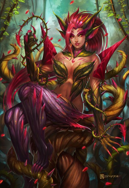 Anime picture 1100x1598 with league of legends zyra (league of legends) manusia-no-31 single long hair tall image breasts light erotic sitting signed animal ears yellow eyes nail polish fingernails pointy ears long fingernails eyeshadow girl gloves navel