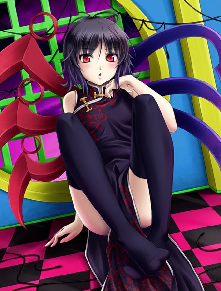 Anime picture 800x1050 with touhou houjuu nue mochi.f single tall image short hair light erotic black hair red eyes sitting chinese clothes checkered floor girl thighhighs black thighhighs wings chinese dress