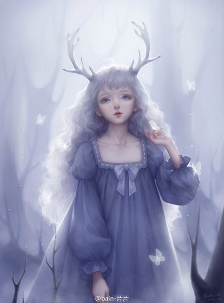 Anime picture 1500x2027 with original pian pian single long hair tall image blue eyes standing purple hair white hair horn (horns) grey hair light wavy hair bare tree sitting on person fog girl dress bow plant (plants)