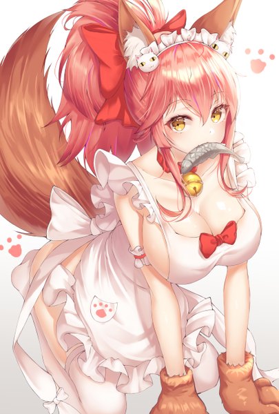 Anime picture 3427x5072 with fate (series) fate/grand order tamamo (fate) (all) tamamo cat (fate) lotpi single long hair tall image looking at viewer blush fringe highres breasts light erotic simple background hair between eyes large breasts sitting holding animal ears