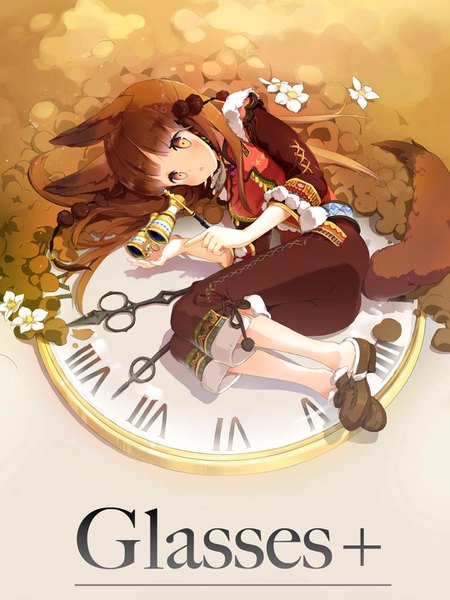 Anime picture 1080x1439 with original anmi single long hair tall image blush brown hair holding brown eyes animal ears looking away full body bent knee (knees) tail lying animal tail from above :o fur trim fox ears