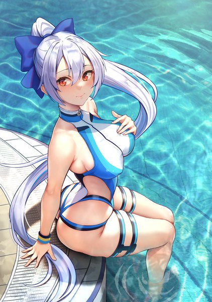 Anime picture 2079x2953 with fate (series) fate/grand order tomoe gozen (fate) tomoe gozen (swimsuit saber) (fate) solar (happymonk) single tall image blush fringe highres breasts light erotic hair between eyes red eyes large breasts sitting payot looking away silver hair outdoors