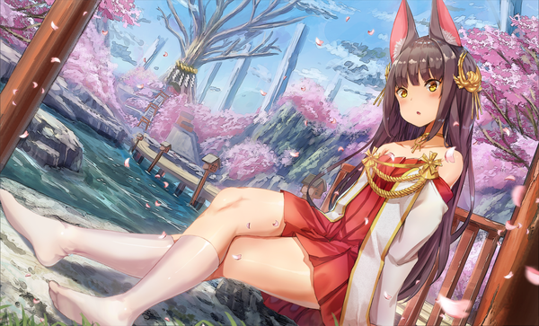 Anime picture 1873x1136 with azur lane nagato (azur lane) yu ni t single long hair blush fringe highres breasts brown hair wide image standing sitting bare shoulders animal ears yellow eyes sky cloud (clouds) outdoors blunt bangs