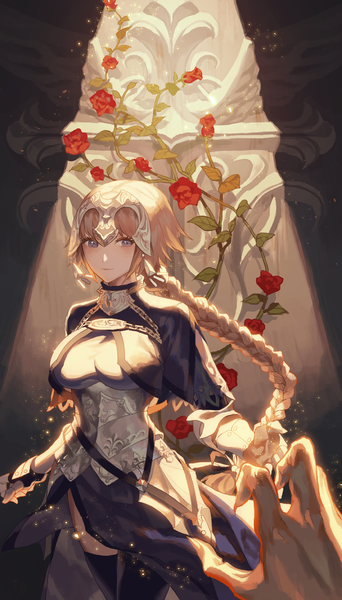 Anime picture 856x1500 with fate (series) fate/grand order fate/apocrypha fate/zero jeanne d'arc (fate) (all) jeanne d'arc (fate) caster (fate/zero) fajyobore long hair tall image fringe blue eyes blonde hair standing payot looking away braid (braids) fingernails light smile arms up