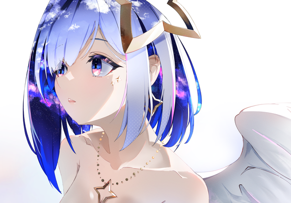 Anime picture 1800x1254 with virtual youtuber hololive amane kanata elphe single fringe highres short hair open mouth light erotic simple background white background bare shoulders looking away sky cloud (clouds) upper body parted lips profile multicolored hair