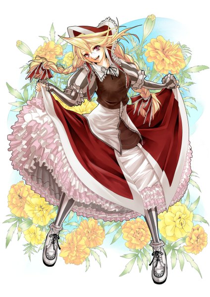 Anime picture 1024x1449 with saga frontier 2 cordelia (saga frontier 2) kininaljaguar single long hair tall image looking at viewer open mouth blonde hair red eyes braid (braids) girl dress flower (flowers) bonnet