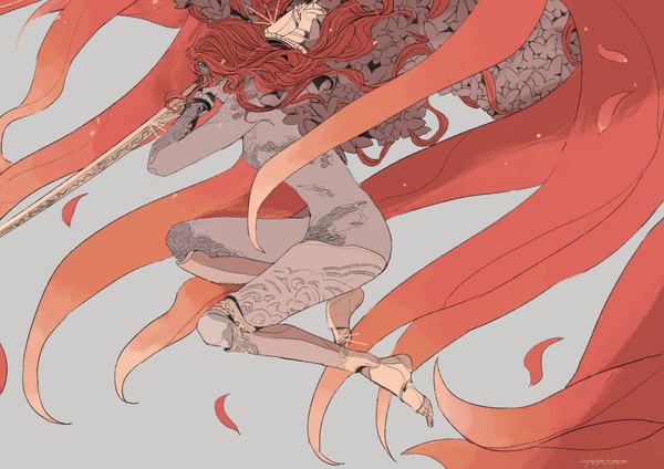 Anime picture 2263x1600 with elden ring malenia blade of miquella malenia goddess of rot boned-woo single long hair highres light erotic simple background signed bent knee (knees) red hair grey background floating hair girl weapon wings prosthesis blade