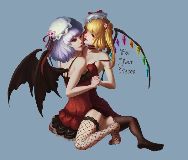 Anime picture 2000x1706 with touhou flandre scarlet remilia scarlet sarena looking at viewer highres short hair breasts open mouth light erotic simple background blonde hair red eyes bare shoulders multiple girls signed purple hair full body one eye closed no shoes
