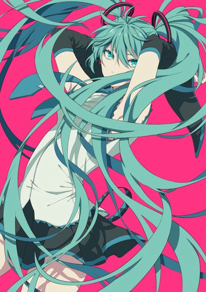 Anime picture 849x1200 with vocaloid hatsune miku fuka (hk nemo) single tall image looking at viewer fringe simple background hair between eyes twintails very long hair pleated skirt aqua eyes aqua hair pink background arms behind head girl skirt detached sleeves miniskirt