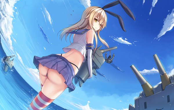 Anime picture 1414x900 with kantai collection shimakaze destroyer rensouhou-chan nian (zhanian) single long hair looking at viewer light erotic blonde hair yellow eyes sky cloud (clouds) ass fisheye girl thighhighs bow weapon hair bow miniskirt