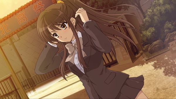 Anime picture 1920x1080 with suzumiya haruhi no yuutsu kyoto animation suzumiya haruhi single long hair highres brown hair wide image brown eyes looking away game cg ponytail girl skirt uniform school uniform