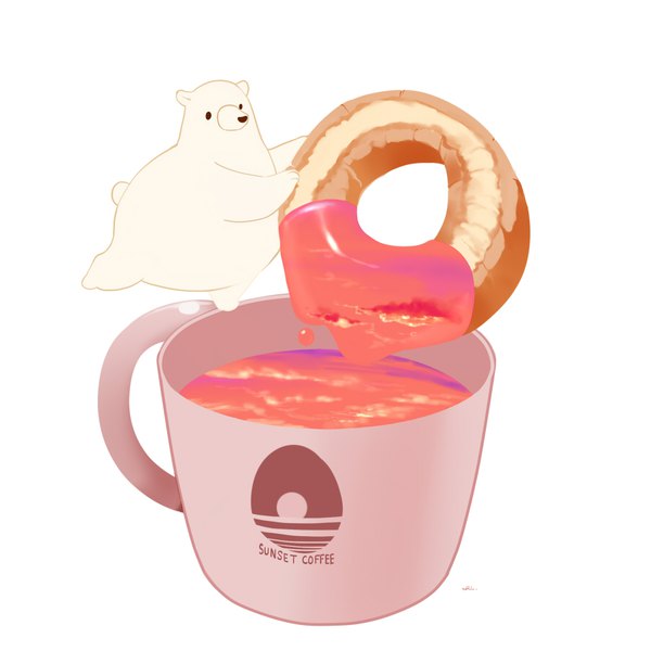 Anime picture 900x900 with original chai (artist) simple background white background evening sunset no people double exposure animal food cup doughnut polar bear