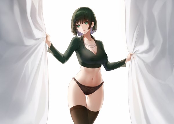 Anime picture 5000x3578 with one-punch man madhouse fubuki (one-punch man) ame 816 single looking at viewer fringe highres short hair breasts open mouth light erotic simple background large breasts standing white background holding green eyes absurdres cleavage