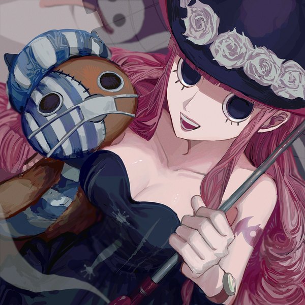 Anime picture 1773x1773 with one piece toei animation perona kumacy yadu nadu single long hair looking at viewer fringe highres breasts open mouth pink hair cleavage blunt bangs :d from above black eyes tattoo ghost