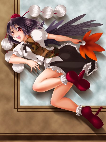 Anime picture 1800x2400 with touhou shameimaru aya orippa single tall image highres short hair open mouth black hair red eyes girl wings fan hauchiwa