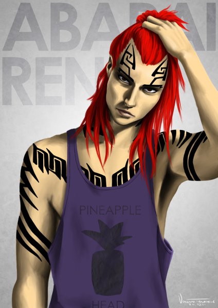 Anime picture 3508x4961 with bleach studio pierrot abarai renji tesorone single long hair tall image highres red eyes signed absurdres red hair inscription grey background tattoo boy