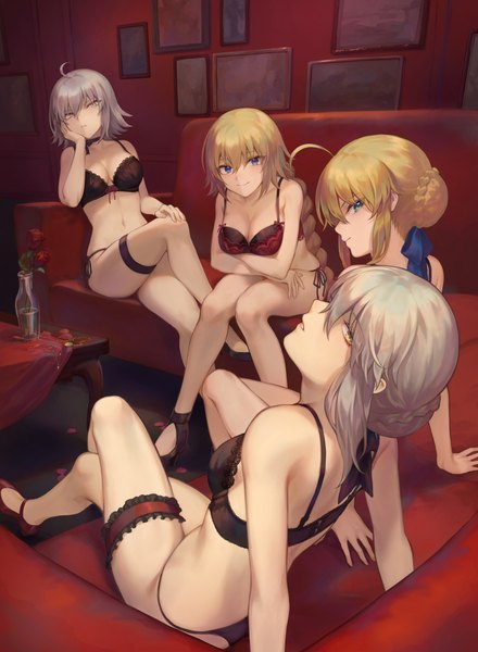 Anime picture 1482x2022 with fate (series) fate/grand order fate/stay night artoria pendragon (all) saber jeanne d'arc (fate) (all) jeanne d'arc alter (fate) saber alter jeanne d'arc (fate) mashuu (neko no oyashiro) long hair tall image looking at viewer blush fringe short hair blue eyes light erotic smile hair between eyes