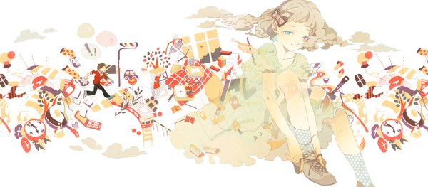 Anime picture 1708x750 with original kinako928 (artist) highres short hair blue eyes blonde hair smile brown hair wide image white background sitting cloud (clouds) lacing polka dot girl dress boy hair ornament plant (plants) earrings