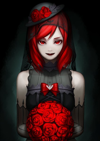 Anime picture 636x900 with love live! school idol project sunrise (studio) love live! nishikino maki bon-da single tall image looking at viewer fringe short hair breasts red eyes holding red hair lips alternate costume lipstick dark background red lipstick gothic