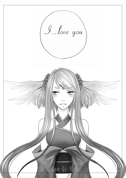 Anime picture 2407x3391 with original lon-li-mei single long hair tall image blush fringe highres simple background standing white background bare shoulders signed payot looking away upper body parted lips off shoulder text monochrome