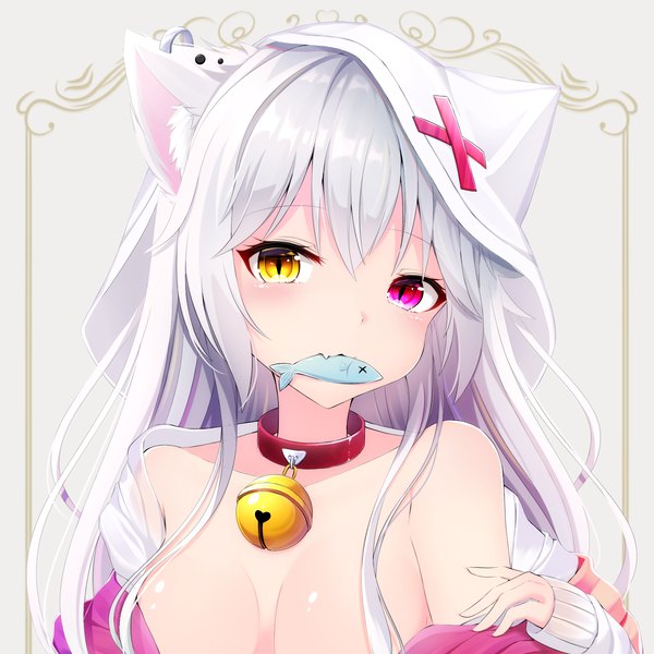 Anime picture 1600x1600 with original shiira (nya rl) single long hair looking at viewer blush fringe breasts light erotic simple background hair between eyes bare shoulders holding animal ears yellow eyes silver hair upper body pink eyes off shoulder grey background