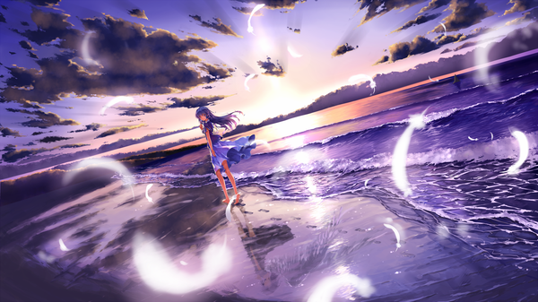 Anime picture 1920x1080 with original toshi (www000wj) single long hair highres blue eyes wide image purple hair cloud (clouds) beach evening sunset girl dress ribbon (ribbons) hair ribbon sea feather (feathers)