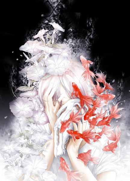 Anime picture 720x1000 with original paw (brtabby) single tall image holding covering covering face boy flower (flowers) animal t-shirt fish (fishes) skull morning glory