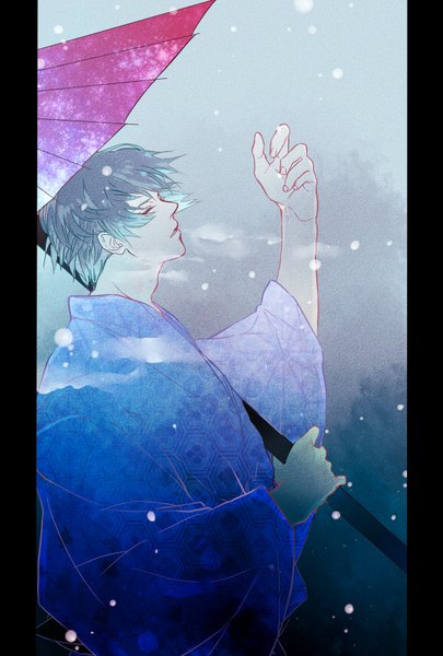 Anime picture 1181x1748 with axis powers hetalia studio deen japan (hetalia) sanrindou single tall image short hair open mouth eyes closed traditional clothes japanese clothes profile snowing winter dark hair pillarboxed boy kimono umbrella