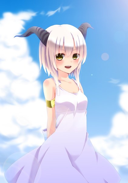 Anime picture 1200x1704 with original chitose (usacan) tall image looking at viewer blush short hair open mouth bare shoulders yellow eyes sky cloud (clouds) white hair horn (horns) girl