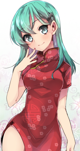 Anime picture 838x1570 with kantai collection suzuya heavy cruiser takeshima eku single long hair tall image looking at viewer blush simple background smile white background nail polish aqua eyes aqua hair chinese clothes red nail polish girl hair ornament hairclip chinese dress