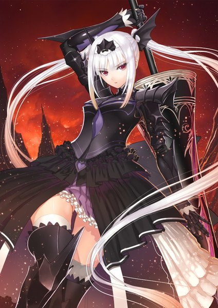 Anime picture 1282x1812 with shining (series) shining resonance excela noa aura tony taka single tall image looking at viewer light erotic red eyes twintails white hair very long hair official art girl thighhighs dress gloves weapon white thighhighs black gloves