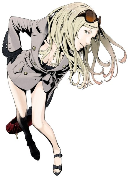 Anime picture 1494x2048 with no more heroes sylvia christel kozaki yusuke single long hair tall image looking at viewer breasts light erotic simple background blonde hair large breasts white background profile light smile hand on hip girl gloves underwear black gloves