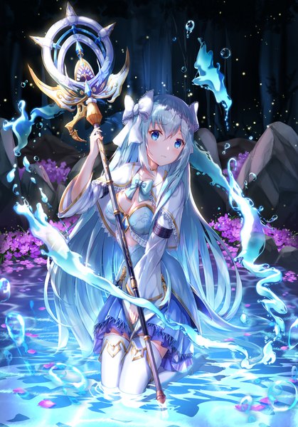 Anime picture 800x1144 with original lunacle single long hair tall image blush fringe breasts blue eyes hair between eyes cleavage full body outdoors head tilt aqua hair night wide sleeves zettai ryouiki kneeling partially submerged