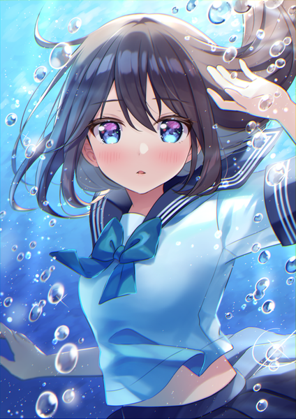 Anime picture 707x1000 with original sumisaki yuzuna single long hair tall image looking at viewer blush blue eyes black hair upper body sparkle floating hair underwater girl uniform serafuku bubble (bubbles)