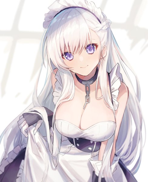 Anime picture 984x1207 with azur lane belfast (azur lane) coyucom single long hair tall image looking at viewer breasts light erotic large breasts purple eyes cleavage silver hair light smile maid leaning leaning forward between breasts maid day girl