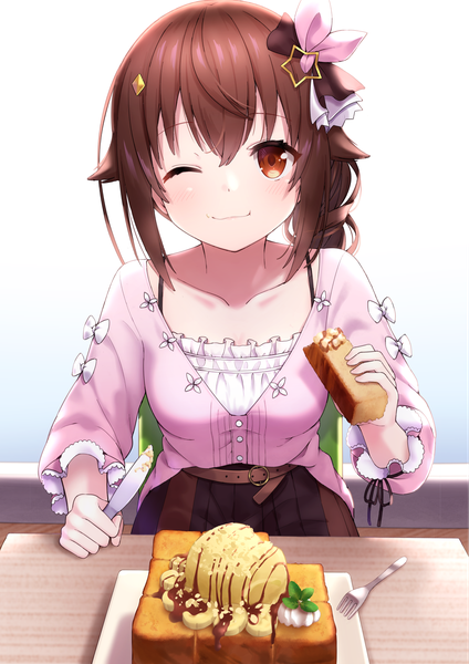 Anime picture 1417x2006 with virtual youtuber hololive tokino sora faubynet single long hair tall image looking at viewer fringe hair between eyes brown hair sitting holding brown eyes one eye closed official alternate costume side ponytail eating girl hair ornament