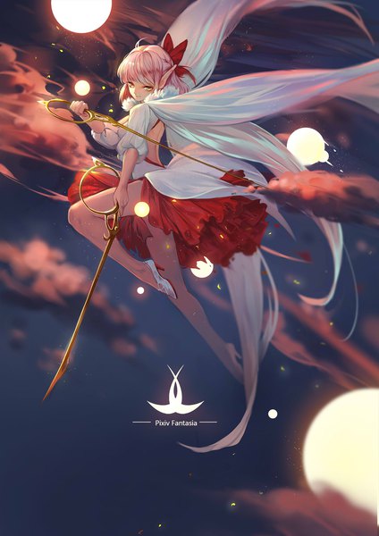 Anime picture 1480x2093 with original pixiv fantasia pixiv fantasia revenge of the darkness bamboocm single tall image short hair yellow eyes pink hair sky full body pointy ears night high heels night sky copyright name midair girl dress bow