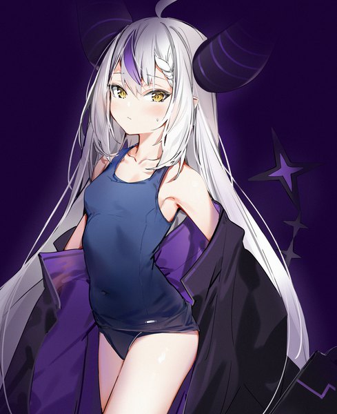 Anime picture 1900x2330 with virtual youtuber hololive la+ darknesss silver (chenwen) single tall image fringe highres light erotic simple background hair between eyes yellow eyes silver hair very long hair multicolored hair horn (horns) streaked hair covered navel sweatdrop purple background