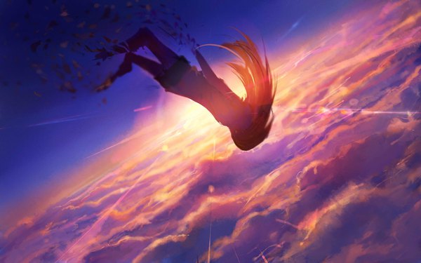 Anime picture 4096x2560 with original sishenfan single long hair highres black hair absurdres sky cloud (clouds) outdoors evening sunset falling girl