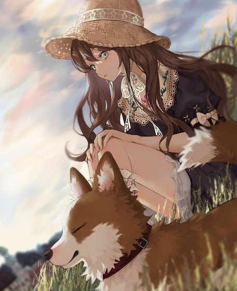 Anime picture 800x980 with original oto1 030 single long hair tall image fringe blue eyes hair between eyes brown hair sitting looking away sky cloud (clouds) outdoors girl plant (plants) hat animal grass straw hat