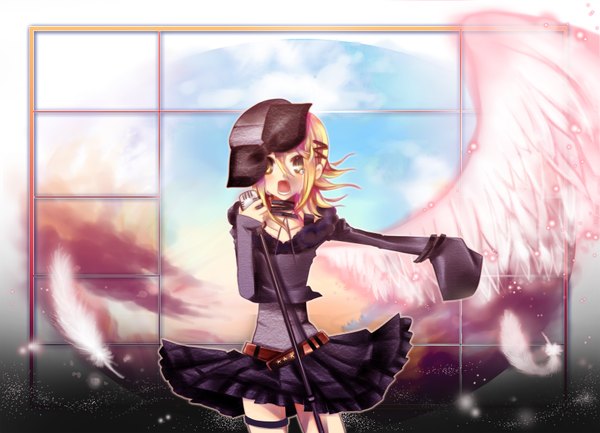 Anime picture 1662x1200 with vocaloid kagamine rin short hair open mouth blonde hair yellow eyes screaming girl dress skirt hat miniskirt wings microphone microphone stand