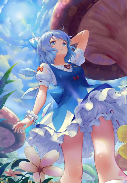 Anime-Bild 2000x2888 mit touhou cirno sonikey0 0 single tall image highres short hair breasts blue eyes light erotic smile blue hair looking away cloud (clouds) from below short sleeves puffy sleeves arm behind head upskirt girl