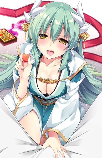 Anime picture 1000x1545 with fate (series) fate/grand order kiyohime (fate) ikura nagisa long hair tall image looking at viewer blush fringe breasts open mouth light erotic simple background smile hair between eyes large breasts holding yellow eyes payot cleavage