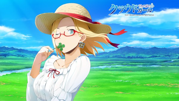 Anime picture 1920x1080 with microsoft claudia madobe wakaba sprout single highres short hair breasts blonde hair wide image sky cloud (clouds) one eye closed aqua eyes wind official art wallpaper horizon covered mouth scenic field