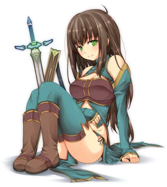 Anime picture 1181x1325 with original ribucci single long hair tall image looking at viewer black hair white background sitting bare shoulders green eyes girl thighhighs weapon detached sleeves sword boots