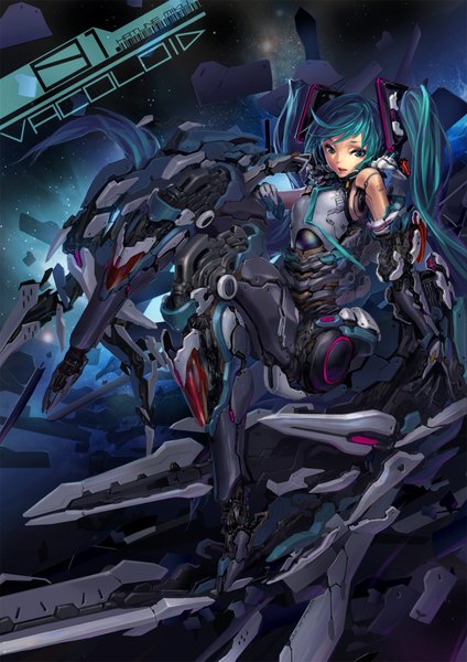 Anime picture 1280x1811 with vocaloid hatsune miku wayjilam (artist) single tall image blue eyes twintails aqua hair space mecha musume mechanical parts girl star (stars) mecha android