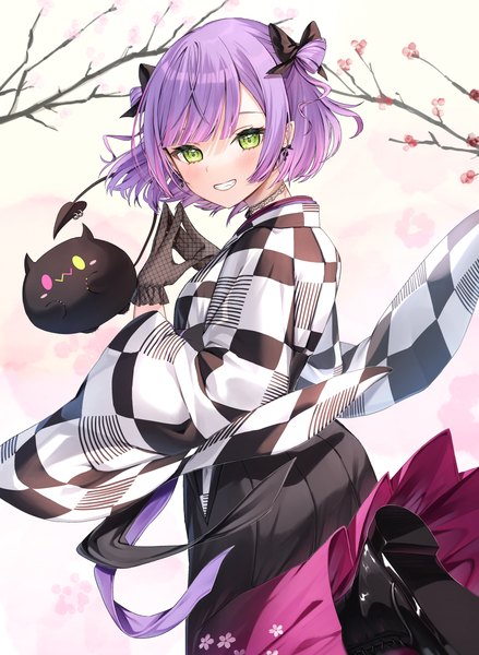Anime picture 3000x4100 with virtual youtuber hololive tokoyami towa bibi (tokoyami towa) runlan 0329 single tall image looking at viewer highres short hair smile green eyes purple hair traditional clothes japanese clothes looking back two side up grin cherry blossoms soles