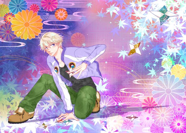 Anime picture 2400x1725 with tiger & bunny sunrise (studio) ivan karelin asta (pixiv) single highres short hair blue eyes blonde hair looking back boy flower (flowers) jacket boots pants oragami