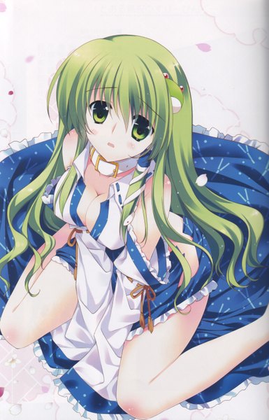 Anime picture 1952x3040 with touhou kochiya sanae rei (rei's room) single long hair tall image looking at viewer blush highres breasts light erotic large breasts green eyes cleavage green hair from above scan no panties girl hair ornament