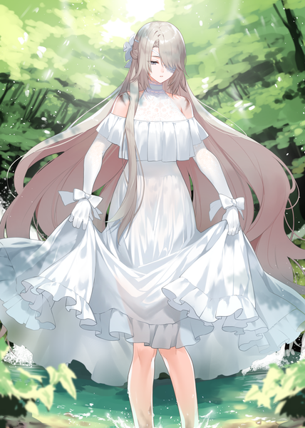 Anime picture 1200x1683 with original lydia macarthur waka (shark waka) single long hair tall image fringe blonde hair standing bare shoulders looking away outdoors hair over one eye grey eyes partially submerged frilled dress dress lift girl dress gloves